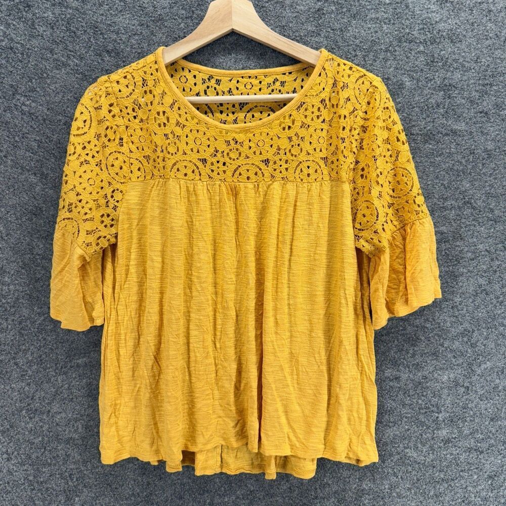 A New Approach Blouse Women PL Petite Orange Geometric Crochet 3/4 Sleeve Rayon